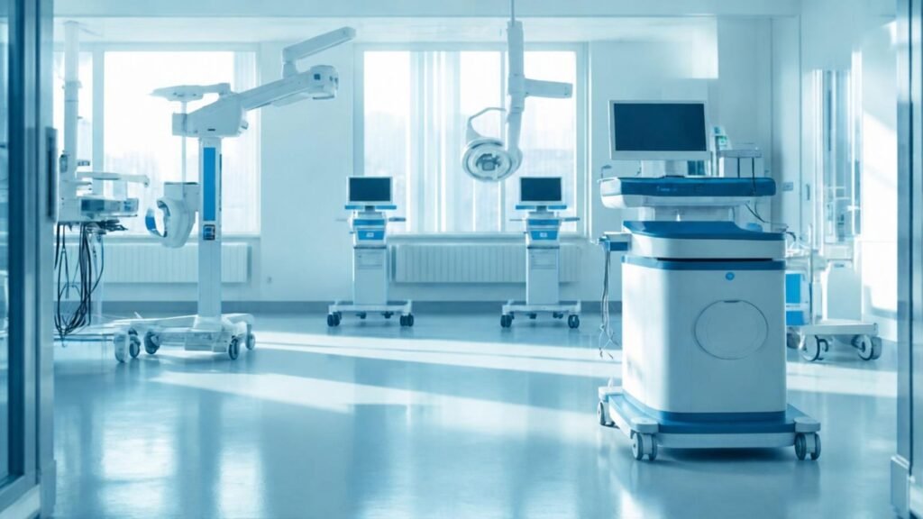 Sala hospitalaria con equipos médicos modernos sobre ruedas y monitores
