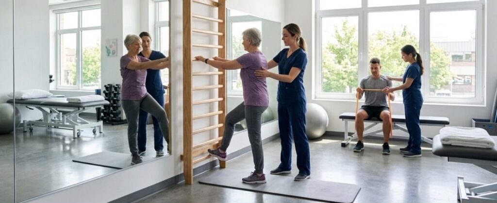 Fisioterapeutas acompañando a pacientes en ejercicios de rehabilitación en un gimnasio terapéutico