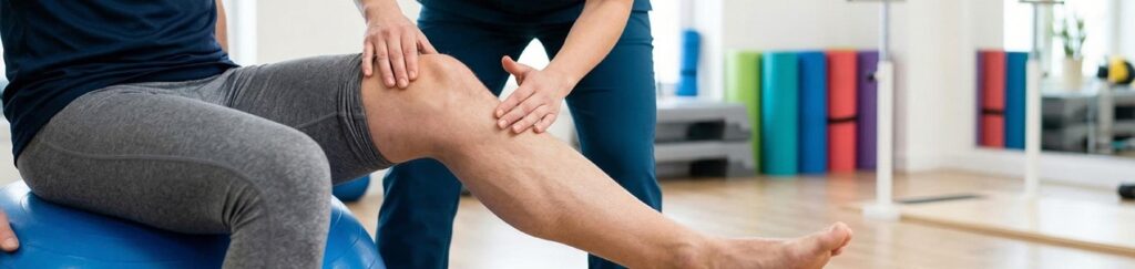 Fisioterapeuta trabajando la rodilla de un paciente en un gimnasio de rehabilitación