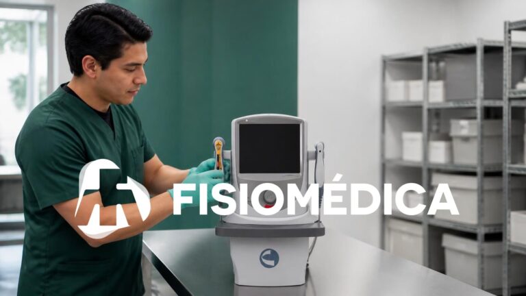 Técnico de Fisiomédica revisando un equipo de terapia en la bodega
