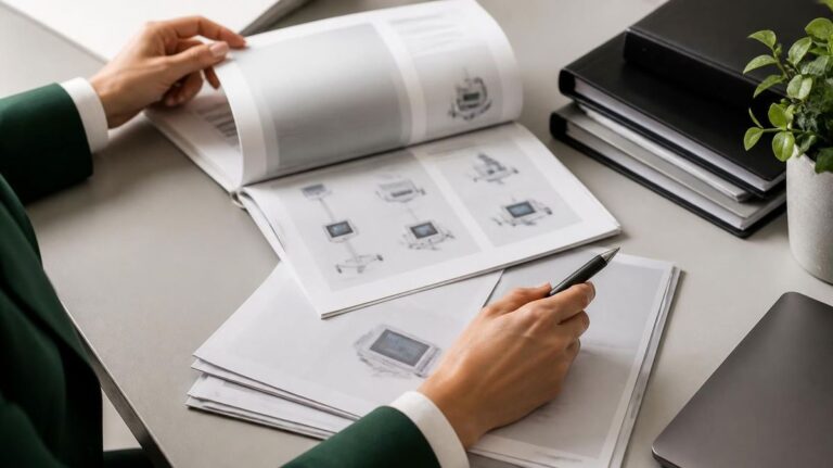 Persona revisando catálogos y documentación técnica de equipos médicos sobre un escritorio